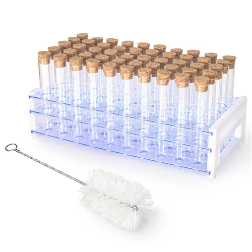 50 tubos de ensayo de vidrio transparente de 0.5 fl oz (0.512 x 3.937 in) con tapones de corcho y 1 estante de tubos de plástico de 50 agujeros para