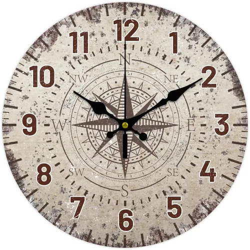CHGCRAFT Reloj de pared con brújula náutica vintage de 12 pulgadas, relojes de pared silenciosos, relojes digitales redondos, funciona con pilas,