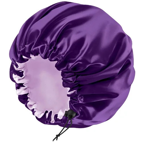 Miniatura 22 de Gorro de seda de satén para cabello rizado, gorro trenzado para dormir, para mujer, grande, doble capa ajustable (2 unidades, negro)