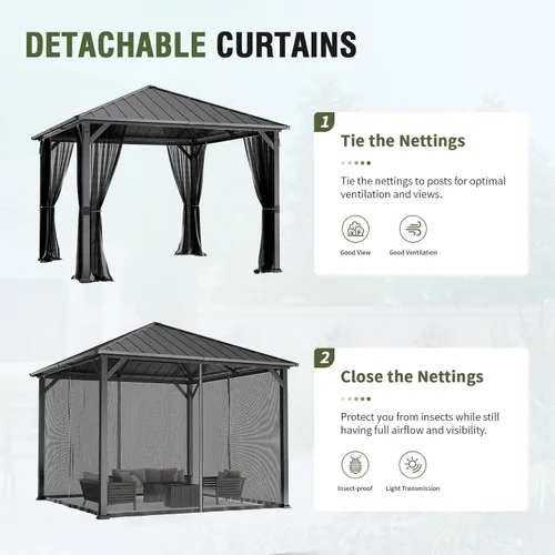Miniatura 7 de UDPATIO Gazebo de techo rígido de 10 x 10 pies, glorieta de metal para exteriores con techo de acero galvanizado, pabellón permanente con malla