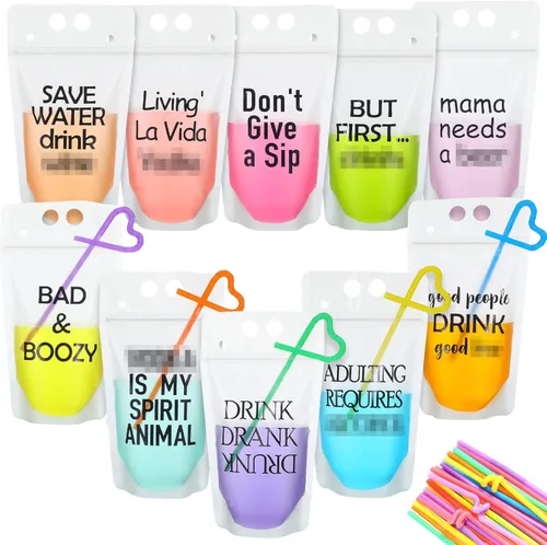 40 bolsas de bebidas con pajitas, bolsas de plástico para bebidas con cremallera, bolsas de jugo transparentes para fiestas, reutilizables, bolsas