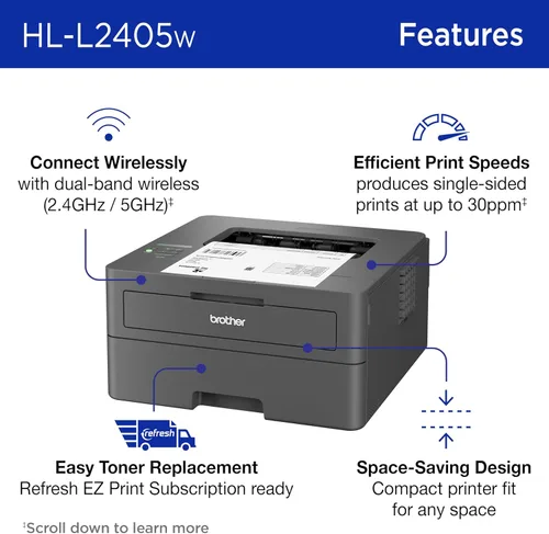 Miniatura 3 de Impresora láser monocromática compacta inalámbrica Brother HL-L2405W con impresión móvil, salida en blanco y negro Incluye prueba de suscripción
