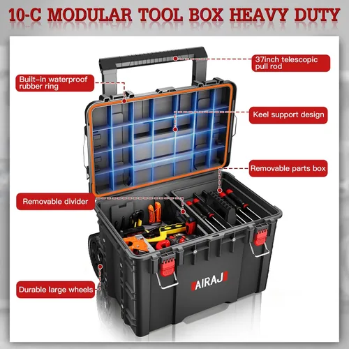 Miniatura 6 de Caja de herramientas portátil con ruedas de alta resistencia, organizador de caja de herramientas apilable modular, caja de herramientas impermeable