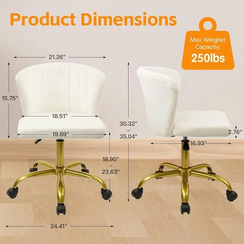 Miniatura 3 de CLATINA Silla de escritorio de oficina en casa, sillas de tocador de terciopelo, base dorada, ergonómica, pequeña, bonita, altura ajustable
