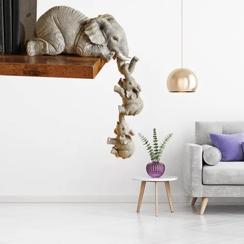Miniatura 7 de Juego de 3 estatuas de elefante, resina para colgar 2 elefantes en el borde, escultura de elefantes de la suerte colgando del borde de un estante