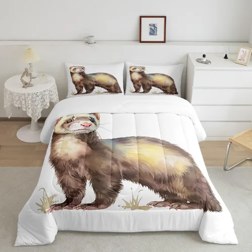 Juego de ropa de cama de hurón tamaño individual para niños, diseño de dibujos animados de hurones para niños, bonito edredón acolchado de animales