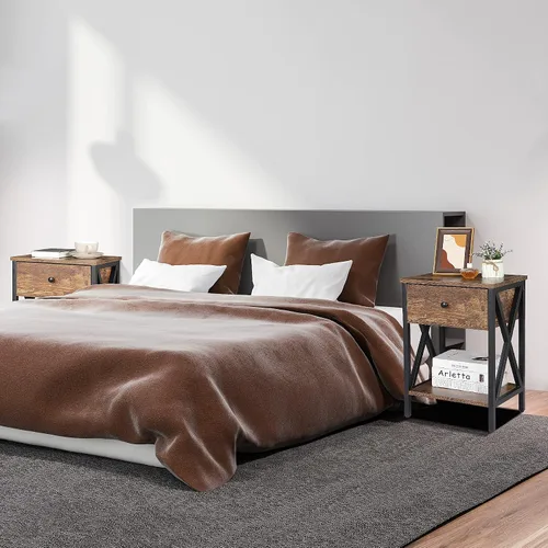 Miniatura 5 de ZenStyle Juego de 2 mesitas de noche, mesas auxiliares industriales con cajón y estante de almacenamiento, mesita de noche para sala de estar