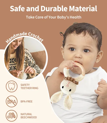 Miniatura 3 de 6 piezas de sonajero de madera para bebé, juego de sonajeros de mano de bebé orgánicos coloridos, sonajeros de madera para bebés de 0-6-12 meses