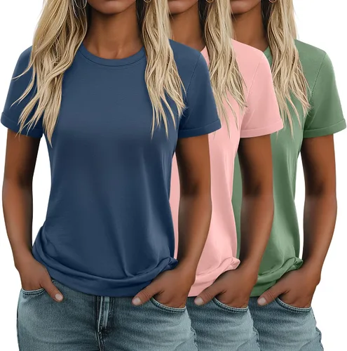 Miniatura 17 de Huukeay Paquete de 3 camisetas de algodón para mujer, estilo casual, de manga corta, cuello redondo, ajuste holgado, básica, lisa
