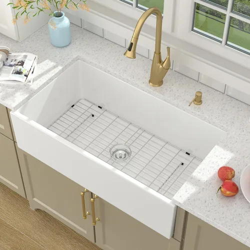 Lordear Fregadero de Cocina Estilo Granja de 36 Pulgadas Blanco de Arcilla Refractaria Porcelana Cerámica Tazón Único Frente de Delantal Fregadero