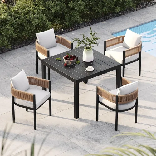 Miniatura 12 de Juego de comedor al aire libre Grand Patio de 5 piezas para 4, sillas de patio fijas de mimbre tejido metálico con cojines engrosados y 1 mesa