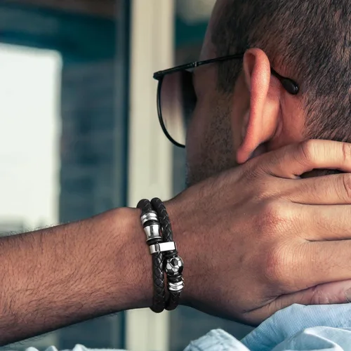 Miniatura 2 de TempBeau Pulsera de cuero genuino de fútbol para hombre, pulsera de cuero trenzado para niño, pulsera de cuero negro, regalos para papá, Acero