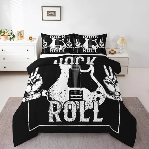 Miniatura 21 de Juego de ropa de cama de guitarra, tamaño individual para niños y niñas, juego de edredón con teclados de piano, temática musical, inserto