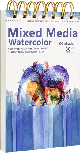 Miniatura 12 de Cuaderno de bocetos de medios mixtos Qlmhudaim 4" x 4" 30 hojas 140 lb/300 g, encuadernado en espiral con línea de desgarro De grado