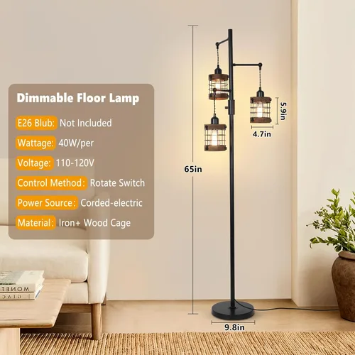 Miniatura 4 de Lámparas de pie regulables para sala de estar, lámpara de pie industrial de 3 luces con jaula de madera y metal, lámpara de pie de granja lámpara