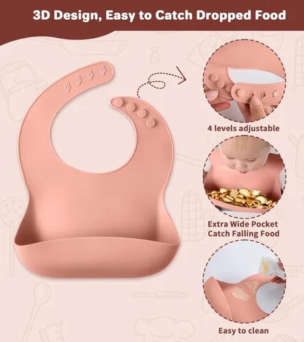 Miniatura 4 de ECLIP Juego de alimentación de silicona para bebés, 10 piezas de artículos esenciales para comer bebés con ventosa, plato dividido, babero Rojo