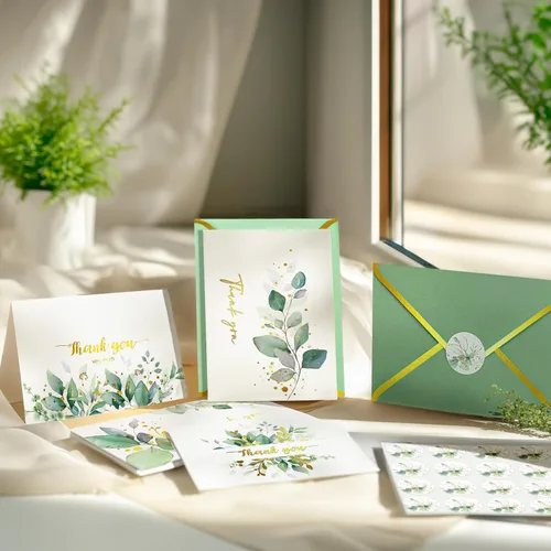 Miniatura 7 de Lujosas tarjetas de agradecimiento doradas con sobres, paquete de 32 tarjetas de eucalipto en blanco para todas las ocasiones, notas