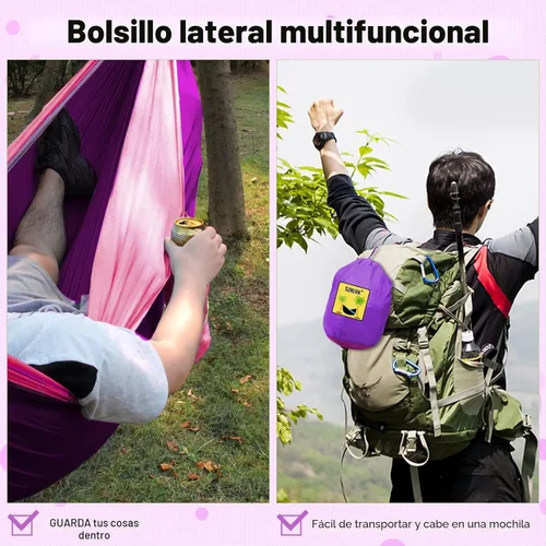 Miniatura 4 de SZHLUX Hamaca de camping doble e individual Hamacas portátiles con 2 correas de árbol y bolsa de transporte adjunta, ideal para exteriores, Violeta