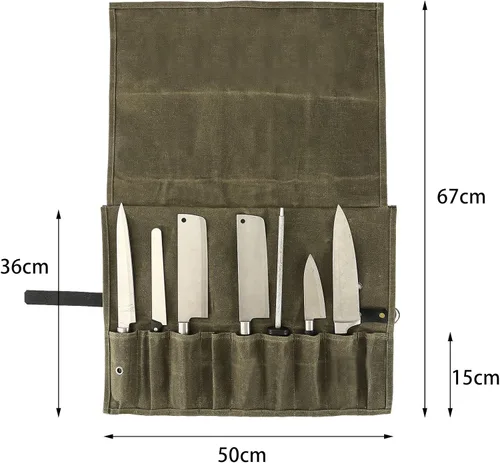 Miniatura 4 de Bolsa enrollable para cuchillos de chef, 9 bolsillos, funda de lona para cuchillos, cartera para cuchillos, protectores para cuchillos de chef