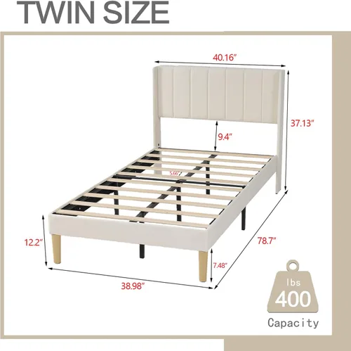 Miniatura 2 de AGARTT Marco de Cama con Plataforma Tapizada Tamaño Twin con Cabecero y Piecero/Soporte de Listones de Madera/No Se Necesita Somier/Fácil Montaje