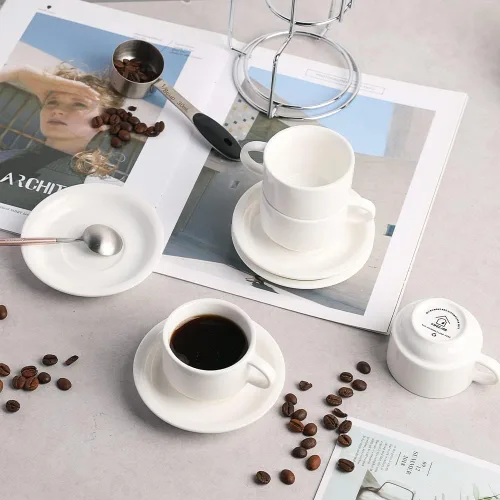 Miniatura 5 de Sweejar Tazas de café expreso de porcelana con platillos apilables de 2.5 onzas con soporte de metal para bebidas de café, café con leche, té, juego