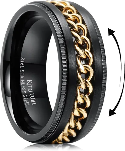Miniatura 106 de King Will - Anillo antiestrés de acero inoxidable 316L para hombres y mujeres, con cadena decorativa giratoria, 8 mm de ancho, anillo de boda