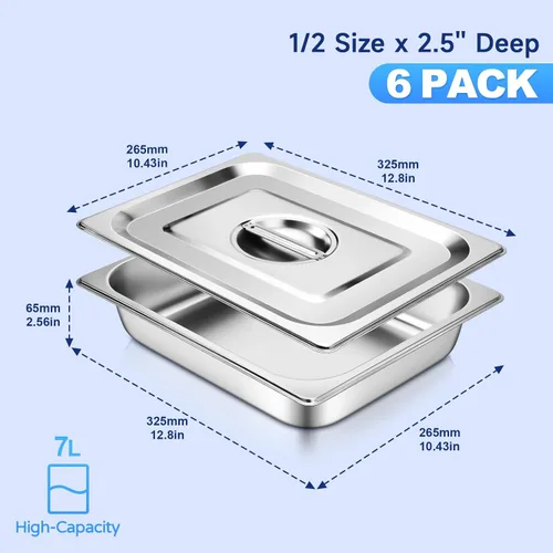 Miniatura 2 de Sartén de hotel con tapas de medio tamaño de 6.35 cm de profundidad, platos calentadores de acero inoxidable para buffet, sartén de mesa de vapor