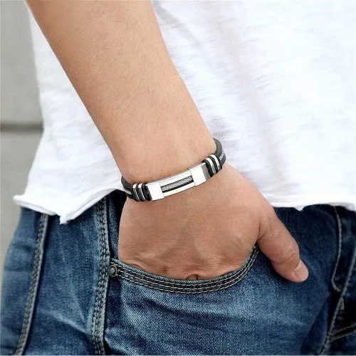 Miniatura 2 de Suyi Pulsera ajustable de silicona para hombre, pulsera de acero inoxidable