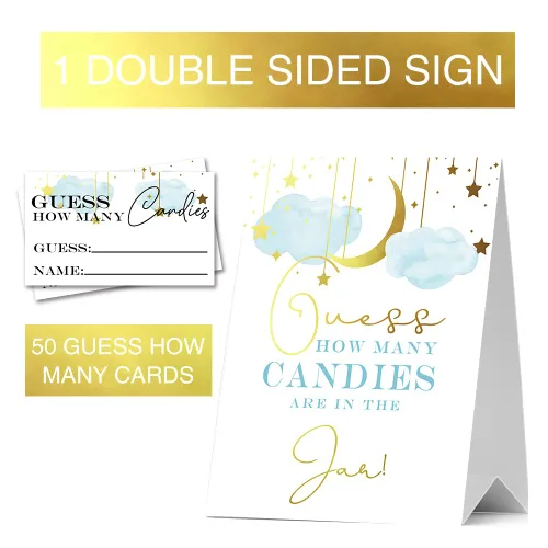 Miniatura 2 de Guess How Many Candies Baby Shower Games, paquete de 1 logotipo y 50 tarjetas, estrella y luna dorada, nube azul, letreros de baby shower, juego