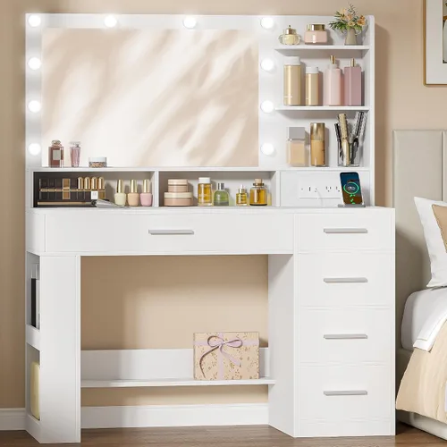 Miniatura 11 de HEXCELEN Tocador Grande de 47.2 Pulgadas con Espejo, Tocador con Luz LED, Tocador de Maquillaje con Regleta de Enchufes, 8 Cajones y 8 Estantes