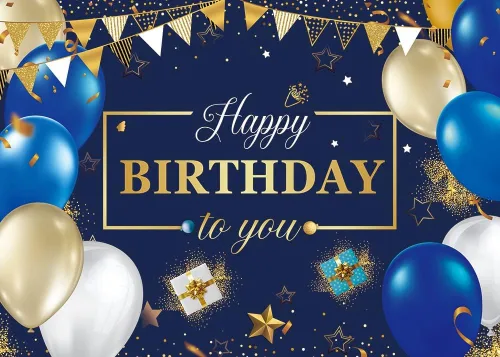 Miniatura 2 de Telón de fondo de feliz cumpleaños para hombres, azul marino, dorado, regalo de cumpleaños, bandera de estrella, globo, fondo de globo, para niños