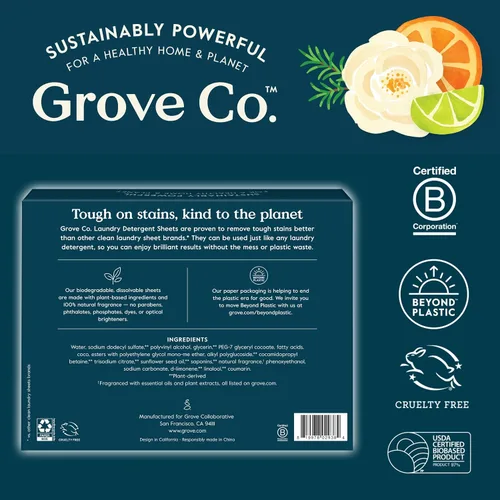 Miniatura 7 de Grove Co. Hojas de detergente para ropa, hojas de lavado de disolución Power Clean (paquete de 2 – 64 cargas), removedor de manchas resistente, sin