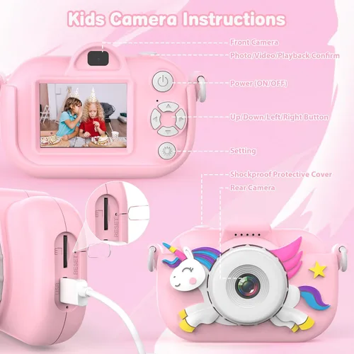 Miniatura 6 de Cámara para niños para niñas, juguetes de Navidad y cumpleaños para niñas de 3 a 12 años, cámara digital para niños con lente dual HD de 32MP