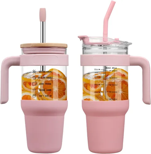 chunmo Vaso de vidrio de 40 onzas con 2 tapas - Tapa de pajita de bambú y tapa de pajita 2 en 1 para sorber y voltear, taza de café helado con asa,