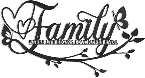 AUHOKY Letrero de metal con texto en inglés «Family Where Life Begins Love Never Ends» («Family Where Life Begins Love Never Ends») para decoración