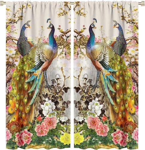 Miniatura 47 de Cortina opaca con estampado de pavo real, con estampado de animales retro, con bolsillo para cortinero y flores de peonía doradas, para dormitorio