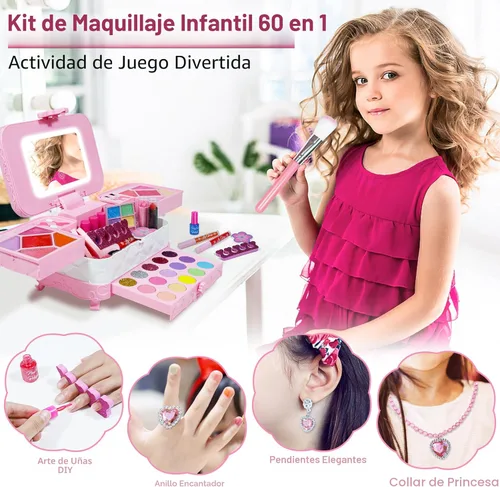 Miniatura 4 de Kit de maquillaje 60 en 1 para niños, con espejo de maquillaje LED de 3 colores real lavable, juegos de maquillaje para niñas de 5 a 8 años, regalo