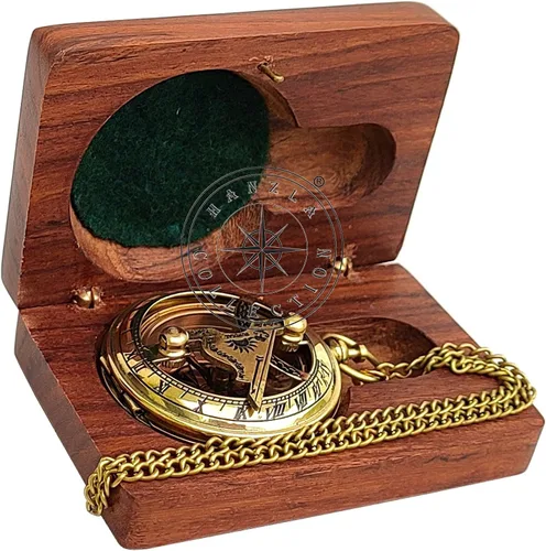 Miniatura 8 de Reloj de sol hecho a mano con botón de dirección con cadena y caja de madera, reloj de sol de bolsillo de brújula de latón, regalo de bautismo