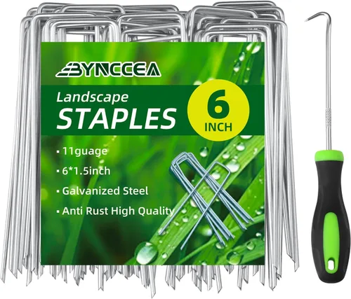 Bynccea Grapas galvanizadas para paisajes de 6 pulgadas, paquete de 25 estacas de jardín, pasadores en forma de U de calibre 11 para asegurar la