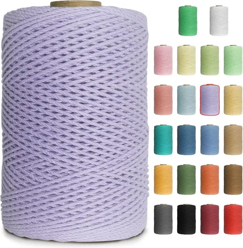 Miniatura 21 de Cuerda de macramé de colores de 0.039 in, cuerda de algodón de 656 pies, 3 hebras trenzadas, cuerda de algodón colorido para manualidades, Amarillo