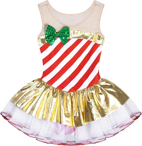 Miniatura 4 de Vestido de baile tutú a rayas con lentejuelas para niños, vestido de patinaje artístico, fiesta de Navidad, disfraz de bastón de caramelo
