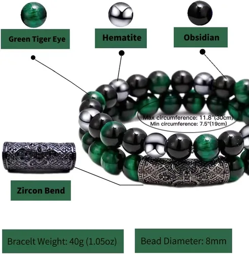 Miniatura 32 de 2Pcs Triple Protection Bracelet,Natural Tigers Eye Black Obsidian and Hematite 8 MM Beads Bracelet for Men Women Gift, Healing Crystal Bracelet