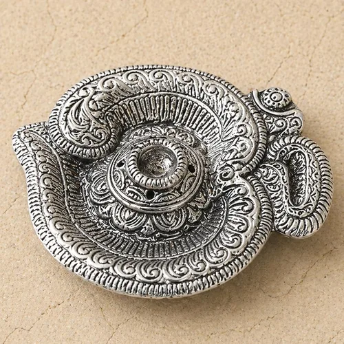 LOVENSPIRE Om - Soporte para incienso de aluminio plateado Agarbatti Dhoop para cenizas, Dhoop Dan, soporte de incienso sin desorden bandeja cónica