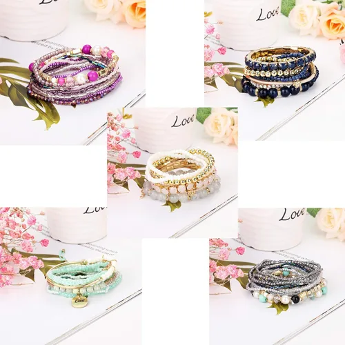Miniatura 6 de LOYALLOOK Juego de 6 pulseras de cuentas apilables bohemias para mujer pulseras elásticas estilo bohemio elásticas de varias capas