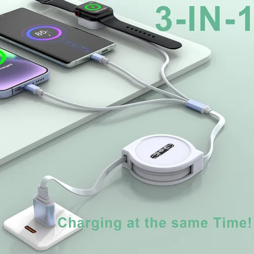 Miniatura 2 de Cable de carga universal retráctil 3 en 1 para teléfonos + cable de carga para Apple Watch, USB A a Lightning+tipo C+cargador iWatch para iWatch