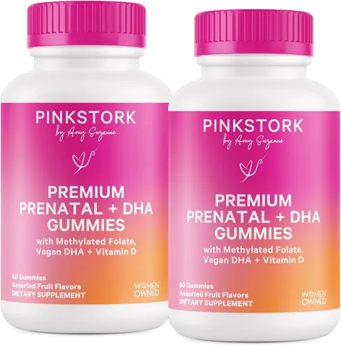 Miniatura 10 de Pink Stork Vitaminas gomosas prenatales prémium Algas veganas DHA + folato metilado + metilcobalamina Apto para MTHFR Sin hierro Sin regusto