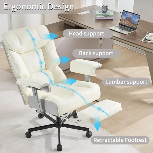 Miniatura 7 de Silla de oficina grande y alta con reposapiés, capacidad de 500 libras, respaldo alto, silla de oficina ejecutiva, silla de oficina ejecutiva Blanco
