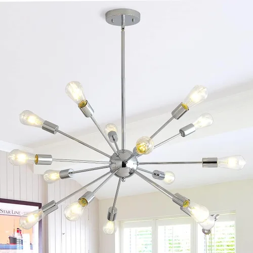 Sputnik Candelabros modernos de 15 luces, lámpara plateada de techo de mediados de siglo, pantallas clásicas para comedor, cocina, pasillo,