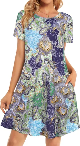 Miniatura 18 de Vestidos de verano para mujer, informales, holgados, estilo camiseta, florales, de manga corta, con vuelo y bolsillos, para la playa