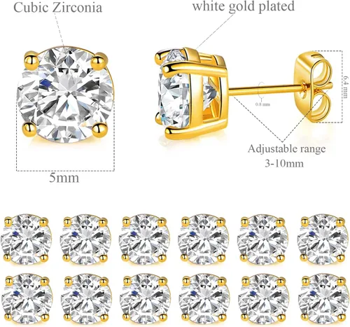 Miniatura 27 de Aretes de tuerca chapados en oro blanco de 18 quilates de 3 a 0.315 in con circonita cúbica redonda, paquete de 6 pares